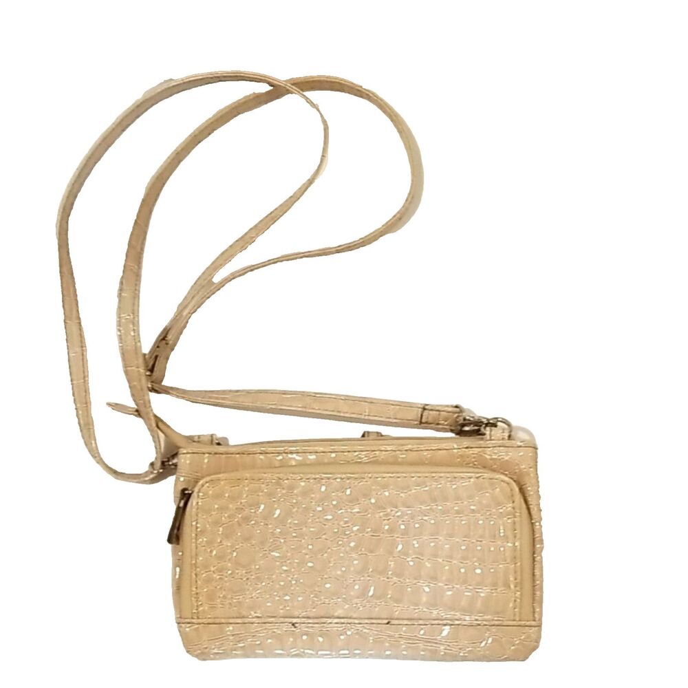 Cream Patent Crossbody Bag Small Minimalist Multi Pocket Shoulder Purse Neutral - Picture 3 of 5